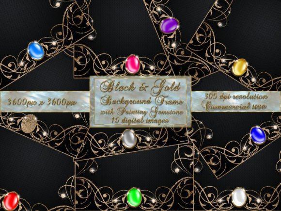 Elegant Black Gold Background Frame with Gemstone Accents