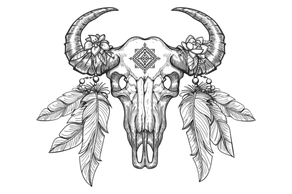Horned Skull in Ethnic Tribal Style