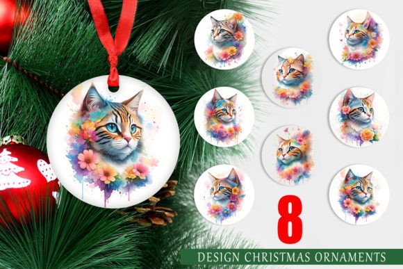 Ornament Watercolor Cat Flower and Christmas Ornaments PNG: A Creative and Practical Design for Holiday Decor